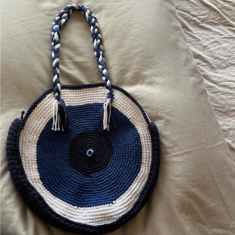 Large crochet “evil eye” protection Braided Handle Shoulder Bag
